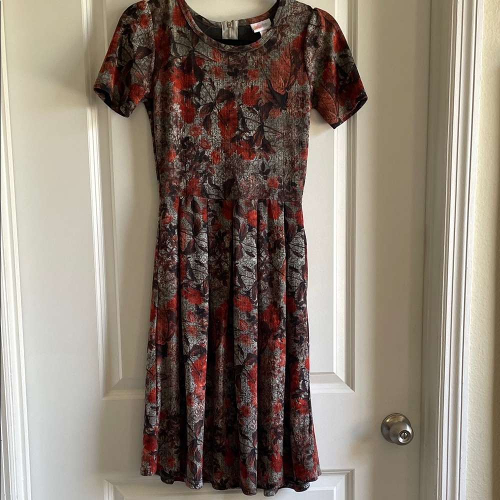 LuLaRoe Amelia Red/pink and Gray floral Midi Dress pockets zip back